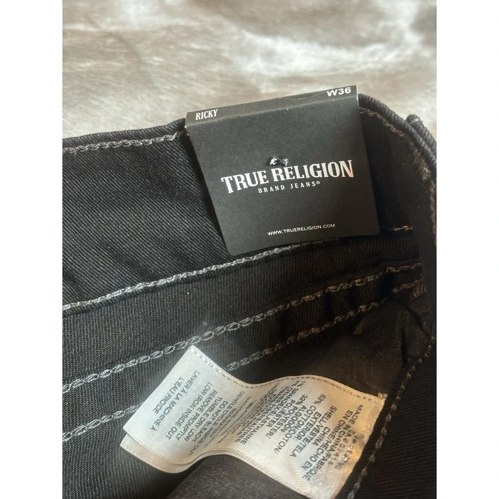 True Religion Jeans Ricky Relaxed NWT‎ Straight Black Button Flap Pocket 36x30
